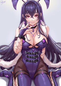 1girl animal_ears boots breasts closed_mouth commentary_request fake_animal_ears hair_between_eyes hair_ornament hand_up high_heel_boots high_heels highleg highleg_leotard highres large_breasts leotard mole mole_under_mouth nail_polish original playboy_bunny purple_boots purple_hair purple_leotard purple_nails rabbit_ears red_eyes sakiyamama signature simple_background sitting solo thigh_boots wariza