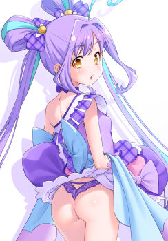 Rule 34 | 1girl, ahoge, ass, blue hair, blush, breasts, choker, clothes lift, cure kyunkyun, dress, dress lift, highres, kazuma muramasa, kimi to idol precure, lace, lace panties, lifting own clothes, lingerie, long hair, looking at viewer, looking back, magical girl, multicolored hair, open mouth, orange eyes, panties, precure, purple hair, purple panties, shigure kokoro, small breasts, solo, twintails, two-tone hair, underwear, very long hair