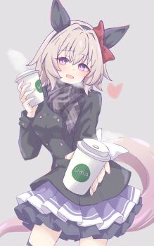 1girl animal_ears black_coat black_hairband blush bow breasts buttons coat commentary_request cup curren_chan_(umamusume) disposable_coffee_cup disposable_cup double-breasted ear_bow ear_covers grey_hair hair_between_eyes hairband heart highres holding holding_cup horse_ears horse_girl horse_tail long_sleeves looking_at_viewer medium_breasts open_mouth outstretched_arm purple_eyes purple_skirt purple_thighhighs reaching reaching_towards_viewer red_bow scarf school_uniform short_hair simple_background skirt smile solo steaming_cup tail thighhighs tofu_thunder tracen_school_uniform tracen_winter_coat umamusume winter_clothes winter_coat