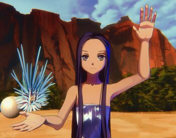 Rule 34 | 1girl, album cover redraw, alien, ball, black hair, blue sky, brown eyes, chromatic aberration, cloud, commission, commissioner upload, derivative work, desert, dress, floating, frilled dress, frills, hand up, highres, iceroy, landscape, levitation, lifeforms (album), long hair, mountain, non-web source, sheuneen ta, silver dress, sky, spikes, the future sound of london, witch, witch girl (the future sound of london)