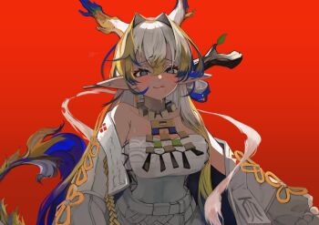 1girl alternate_breast_size_(larger) aqa arknights bare_shoulders belt blonde_hair blue_hair blush breasts cleavage collarbone commentary_request dragon_girl dragon_horns dragon_tail eastern_dragon_horns eyeliner grey_eyes hair_intakes highres horns jacket jewelry large_breasts licking_lips long_hair looking_at_viewer makeup multicolored_hair necklace orange_eyeliner pants pointy_ears red_background shu_(arknights) solo standing strapless streaked_hair sweat tail tongue tongue_out tube_top upper_body white_belt white_hair white_jacket white_pants white_tube_top
