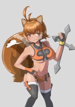 1girl animal_ears bare_shoulders blazblue blush breasts brown_eyes brown_hair daisangen grey_background large_breasts makoto_nanaya microskirt midriff short_hair skirt sleeveless squirrel_ears squirrel_tail tail tonfa underboob weapon