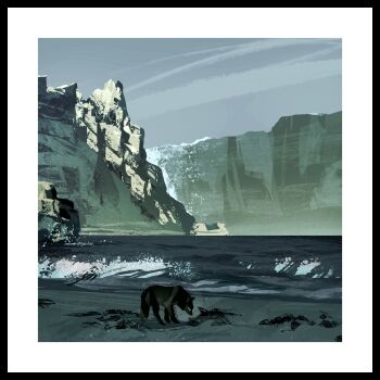 absurdres animal beach border clear_sky commentary day highres mountainous_horizon nature no_humans original outdoors painterly scenery shore sky surf twulfs white_border wide_shot