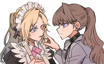 2girls black_sweater blonde_hair blue_hair broom brown_hair cho_toutoi_love closed_mouth collared_dress commentary dress earrings eye_contact fang fujishima_megumi fujishima_megumi_(post-graduation) gradient_hair grey_jacket hair_intakes highres holding holding_broom jacket jewelry juliet_sleeves junjun_(kimi-la) link!_like!_love_live! long_hair long_sleeves looking_at_another love_live! maid maid_headdress multicolored_hair multiple_girls open_clothes open_jacket open_mouth osawa_rurino parted_bangs poking_nose ponytail profile puffy_sleeves purple_eyes simple_background stud_earrings suit_jacket sweater turtleneck turtleneck_sweater white_background