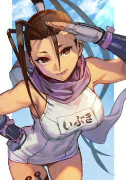 1girl bare_shoulders breasts brown_eyes brown_hair character_name cowboy_shot fingerless_gloves gloves hungry_clicker ibuki_(street_fighter) large_breasts long_hair one-piece_swimsuit school_swimsuit solo street_fighter swimsuit white_gloves white_one-piece_swimsuit