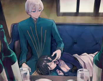 1boy 1girl black_hair blue_eyes bottle breasts closed_eyes closed_mouth commentary_request couch cup double-parted_bangs drinking_glass eyelashes glass grel_(r6hgvu5) indoors large_breasts lying octopath_traveler octopath_traveler_ii on_couch on_side pink_lips short_hair sitting sleeping temenos_mistral throne_anguis white_hair wine_bottle