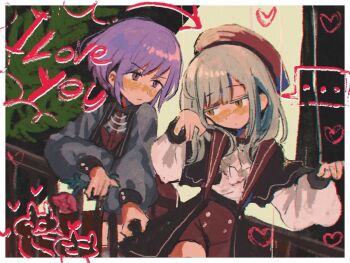 2girls ascot bang_dream! bang_dream!_it&#039;s_mygo!!!!! beret black_capelet black_vest blunt_bangs blush border brooch buttoned_cuffs buttons capelet closed_mouth colored_eyelashes green_hair hair_between_eyes hat heart holding holding_cloth jewelry long_hair long_sleeves looking_at_another moosu multiple_girls necklace puppet_strings railing red_hat red_shorts scribble_background see-through_clothes see-through_sleeves short_hair shorts sidelocks sleeve_cuffs slit_pupils string striped_clothes striped_vest vertical-striped_clothes vertical-striped_vest vest wakaba_mutsumi white_ascot yellow_eyes yuri yuutenji_nyamu