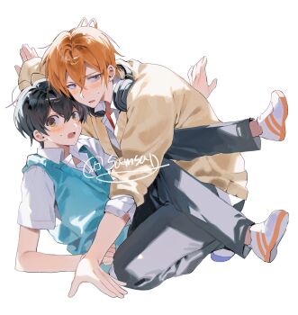Rule 34 | 2boys, between legs, black hair, blush, brown hair, embarrassed, grey pants, hashtag-only commentary, headphones, headphones around neck, highres, long sleeves, male focus, miyano yoshikazu, multiple boys, orange hair, pants, samsap, sasaki shuumei, sasaki to miyano, shirt, short hair, short sleeves, simple background, white background, white shirt, yaoi