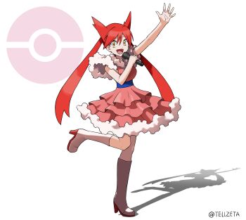 1girl :d absurdres arm_up boots commentary_request commission dress full_body gen_3_pokemon hair_between_eyes happy highres holding holding_microphone knee_boots latias latias_(human)_(pokemon_adventures) leg_up legendary_pokemon long_hair looking_at_viewer microphone nintendo open_mouth pink_dress poke_ball_symbol pokemon pokemon_adventures red_hair short_sleeves skeb_commission smile solo spread_fingers standing standing_on_one_leg tellzeta twintails white_background yellow_eyes
