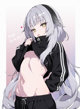 1girl :p arm_behind_back black_hair black_jacket black_pants blush border breasts bright_pupils clothes_lift commentary dated english_commentary gradient_background grey_hair happy_birthday heart highres jacket jacket_lift lifting_own_clothes long_hair long_sleeves looking_at_viewer multicolored_hair navel no_bra outside_border pants ripe.c rurune_(vrchat) signature small_breasts solo streaked_hair tongue tongue_out track_jacket track_pants two-tone_hair underboob very_long_hair vrchat white_border yellow_eyes zipper_pull_tab