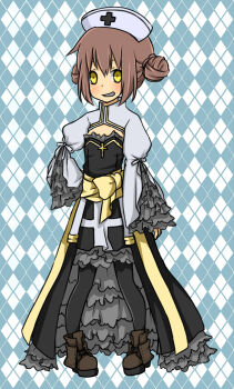 Rule 34 | 1girl, arch bishop (ragnarok online), argyle background, black dress, black pantyhose, blue background, blush, boots, brown boots, cleavage cutout, clothing cutout, commentary request, cross, double bun, dress, flat chest, frilled dress, frilled sleeves, frills, full body, grey dress, grey hat, grin, hair bun, hat, juliet sleeves, long sleeves, looking at viewer, meiko (nattu303), nurse cap, pantyhose, puffy sleeves, ragnarok online, sash, short hair, smile, solo, standing, two-tone dress, yellow eyes, yellow sash