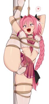 1boy absurdres ass astolfo_(fate) astolfo_(sailor_paladin)_(fate) bagelbomb bdsm blush bondage bound bow braid braided_ponytail crossdressing crossdressing_(mtf) crotch_seam curvy fate/grand_order fate_(series) hair_bow hair_intakes highres long_braid long_hair looking_at_viewer male_focus midriff multicolored_hair navel neckerchief official_alternate_costume open_mouth panties pink_hair pink_neckerchief pink_sailor_collar pink_skirt purple_eyes sailor_collar school_uniform serafuku shibari shirt short_sleeves simple_background skirt smile solo split standing standing_on_one_leg standing_split streaked_hair thick_thighs thighhighs thighs trap underwear white_background white_hair white_panties white_shirt white_thighhighs wide_hips