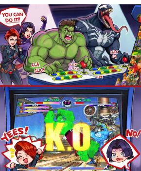 2boys 2girls abs arcade_cabinet avengers_(series) black_bodysuit black_skin black_widow blue_eyes bodysuit brown_hair cheering colored_skin english_text facial_tattoo game_screenshot_inset green_skin highres hulk iron_man iron_man_(series) juggernaut_(x-men) leotard long_hair marvel marvel_rivals marvel_vs._capcom marvel_vs._capcom_2 multiple_boys multiple_girls muscular muscular_male natasha_romanoff neggoartz psylocke psylocke_(vengeance) purple_leotard red_hair red_lips sharp_teeth short_hair spider-man_(series) tattoo teeth tongue tongue_out topless_male venom_(marvel) x-men