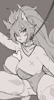 1girl 3gs animal_ear_fluff animal_ears arm_up asella_(elsword) bandana bandana_around_neck bare_shoulders bone breasts cleavage collar covered_navel cross_scar elsword female_focus flat_color fox_ears fox_girl grey_background grey_theme greyscale hair_between_eyes highres large_breasts leash leotard long_hair looking_at_viewer mature_female monochrome object_between_breasts parted_lips ponytail scar scar_on_arm scar_on_breasts scar_on_face scar_on_mouth sidelocks simple_background solo spiked_collar spikes spread_legs squatting strapless strapless_leotard thick_thighs thighs v-shaped_eyebrows