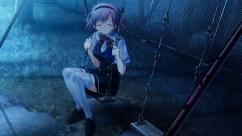 1girl black_bow black_dress black_hairband black_shoes bow bowtie breasts buttons chain-link_fence closed_eyes collared_shirt double-breasted dress facing_viewer fence frilled_bow frills full_body fumio_(ura_fmo) game_cg garter_straps grass grisaia_(series) grisaia_no_kajitsu hair_bow hairband holding loafers medium_breasts night non-web_source on_swing open_mouth outdoors pink_hair plaid_bow plaid_bowtie plaid_clothes red_bow red_bowtie rust school_uniform shirt shoes short_hair short_sleeves sitting solo swing swing_set thighhighs tree two_side_up variant_set white_shirt white_thighhighs