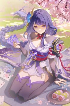1girl absurdres armor blue_flower blue_pupils blunt_bangs braid branch breasts bridal_gauntlets card card_game character_playing_cards cherry_blossoms chinese_commentary cleavage closed_mouth clothing_cutout commission dappled_sunlight deck_of_cards falling_petals fan_hair_ornament flower flower_ornament food genshin_impact gradient_hair grass hair_ornament hair_ribbon happy head_tilt highres holding holding_card japanese_clothes kimono large_breasts light_smile lingerie long_braid long_hair looking_at_viewer mitsudomoe_(shape) mochi mole mole_under_eye multicolored_eyes multicolored_hair neck_ribbon off_shoulder outdoors petals picnic_blanket pink_petals plate playing_card purple_eyes purple_hair purple_kimono purple_ribbon purple_thighhighs raiden_shogun red_ribbon red_sash ribbon sakura_mochi sash seiza shade shoulder_armor shoulder_cutout single_braid sitting solo streaked_hair suguo25944 sunlight thighhighs tomoe_(symbol) tree tree_shade underwear wagashi