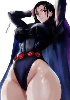 1girl arms_behind_head bare_hips bare_leg bion_(insomn_bion) black_hair black_leotard blue_eyes breasts cape commentary cosplay curvy forehead_jewel highleg highleg_leotard highres large_breasts leotard long_hair looking_at_viewer nico_robin one_piece purple_cape purple_lips raven_(dc) raven_(dc)_(cosplay) shiny_skin sleeved_leotard smile solo twitter_username white_background wide_hips