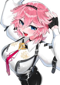 1girl absurdres ass black_choker black_gloves black_pants blue_eyes breasts choker collared_shirt commentary_request fingerless_gloves gloves head_wings highres hololive large_breasts leather leather_pants looking_at_viewer open_mouth pants pink_hair shirt solo takane_lui takane_lui_(1st_costume) teeth virtual_youtuber white_background white_shirt wings yuuppi