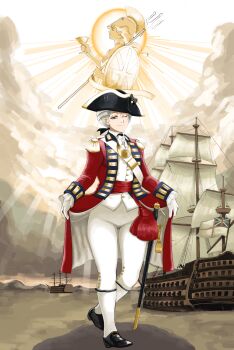 18th_century 1girl boots brown_eyes coat gloves highres katyusha_(98269886) lifting_own_clothes military military_uniform military_vehicle one_eye_closed original pantaloons pants polearm red_coat shield ship solo trident union_jack united_kingdom warship watercraft weapon white_gloves white_pants wig