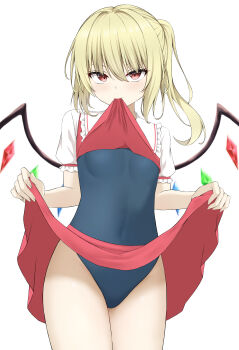 >:) 1girl absurdres blue_one-piece_swimsuit blush closed_mouth clothes_lift commentary_request covered_navel cowboy_shot crystal_wings eyelashes eyes_visible_through_hair flandre_scarlet frilled_shirt_collar frilled_sleeves frills hair_between_eyes hair_intakes highres lifting_own_clothes looking_at_viewer medium_hair midriff_peek miniskirt mouth_hold no_headwear one-piece_swimsuit paid_reward_available puffy_short_sleeves puffy_sleeves red_eyes red_skirt red_vest school_swimsuit shirt shirt_lift short_sleeves side_ponytail sidelocks simple_background skirt skirt_lift smile solo swimsuit swimsuit_under_clothes szl touhou tsurime upturned_eyes v-shaped_eyebrows vest white_background white_shirt wings