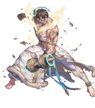 Rule 34 | 1boy, barefoot, brown eyes, brown hair, bruise, bruise on arm, cosplay, damaged, deer boy, dumbbell, eikthyrnir (fire emblem), eikthyrnir (resolved to train) (fire emblem), fire emblem, fire emblem heroes, gloves, glowing antlers, highres, holding, holding dumbbell, injury, laerathr (fire emblem), laerathr (fire emblem) (cosplay), mask, mouth mask, muscular, muscular male, nintendo, non-web source, official alternate costume, official art, robe, single glove, solo, torn clothes, torn robe, white robe