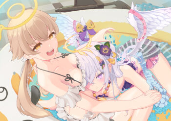 Rule 34 | 2girls, azusa (blue archive), azusa (swimsuit) (blue archive), bag, bikini, blue archive, blush, breasts, brown eyes, brown hair, closed mouth, collarbone, commentary request, feathered wings, halo, hifumi (blue archive), hifumi (swimsuit) (blue archive), highres, holding hands, long hair, looking at viewer, multiple girls, official alternate costume, open mouth, pink hair, purple eyes, ruffle bikini, shoulder bag, small breasts, smile, stomach, swimsuit, twintails, very long hair, white bikini, white hair, white wings, wings, yamada denki, yellow halo