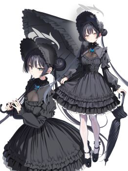 Rule 34 | 1girl, absurdres, alternate costume, black bonnet, black dress, black hair, black shoes, black umbrella, blue archive, blush, bonnet, breasts, cleavage, closed mouth, closed umbrella, dress, full body, grey eyes, grey halo, hair between eyes, halo, hidis0086, highres, kisaki (blue archive), lolita fashion, long hair, long sleeves, looking at viewer, medium breasts, multiple views, pantyhose, shoes, simple background, standing, twintails, umbrella, very long hair, white background, white pantyhose