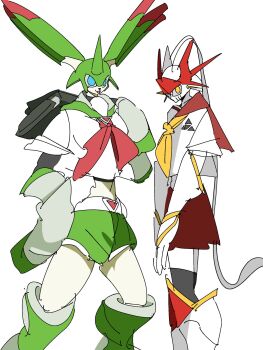 2girls blue_eyes digimon digimon_(creature) digimon_tamers dukemon genderswap highres horns looking_at_viewer multiple_girls rapidmon_(perfect) school_uniform what