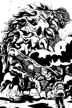 1boy back backpack bag black_hair death disembodied_head eyeball gamera gamera_(2015_short) gamera_(series) giant giant_monster gyaos hanging_eye highres kadokawa kaiju manafu marza_animation_planet monochrome monster omnibus_japan rubble sharp_teeth shell shirt short_hair sky smoke steam tail teeth turtle turtle_shell tusks whitetoto