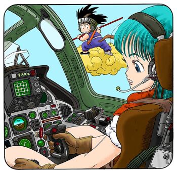1980s_(style) 1boy 1girl aircraft aqua_eyes aqua_hair black_eyes black_hair brown_gloves bulma cockpit dougi dragon_ball dragon_ball_(classic) flying flying_nimbus gloves goggles goggles_on_head long_hair microphone monkey_tail non-web_source official_art oldschool on_cloud parted_lips piloting retro_artstyle ruyi_jingu_bang saiyan sitting sleeves_rolled_up son_goku tail toriyama_akira