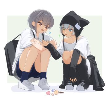 Rule 34 | 2014, 2girls, absurdres, backpack, bag, bang dream!, bang dream! it's mygo!!!!!, black bag, black hat, black jacket, black leg warmers, black shirt, blue eyes, blue shorts, border, brown eyes, clothes around waist, commentary, eltir, grey hair, hat, heterochromia, highres, jacket, jacket around waist, kaname raana, layered sleeves, leg warmers, long sleeves, multiple girls, open mouth, outside border, raana the cat, seashell, shell, shirt, shoes, short hair, short over long sleeves, short sleeves, shorts, squatting, symbol-only commentary, takamatsu tomori, white border, white hair, white shirt, white shoes, yellow eyes