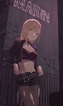 1girl absurdres against_railing belt black_jacket black_shorts blonde_hair breasts character_name cleavage closed_mouth commentary_request cowboy_shot cropped_jacket cropped_shirt highres jacket kitagawa_marin long_hair looking_at_viewer midriff nmm pantyhose railing red_eyes shorts solo sono_bisque_doll_wa_koi_wo_suru studded_belt torn_clothes torn_pantyhose
