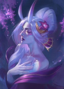 1girl bare_shoulders chinese_commentary closed_eyes closed_mouth commentary_request facial_mark flower gradient_horns hair_flower hair_ornament hand_on_own_chest highres horns japanese_clothes league_of_legends long_horns morgana_(league_of_legends) multicolored_horns nihongami official_alternate_costume official_alternate_hair_color official_alternate_hairstyle purple_lips ri_sheng solo spirit_blossom_(league_of_legends) spirit_blossom_morgana two-tone_horns white_hair wisteria