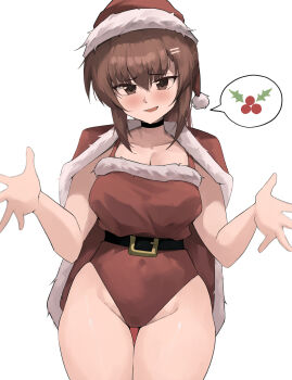 1girl absurdres alternate_costume belt belt_buckle black_belt black_choker blush breasts brown_eyes brown_hair buckle cape choker christmas cleavage collarbone commentary cowboy_shot fur-trimmed_cape fur-trimmed_headwear fur-trimmed_leotard fur_trim grey_background groin hair_between_eyes hair_ornament hairclip hat highleg highleg_leotard highres holly large_breasts leotard long_hair looking_at_viewer minakami_yuki neva_(dir4ct_c) open_hand open_mouth outstretched_arms parallel_hairclips pom_pom_(clothes) red_cape red_hat santa_hat sidelocks simple_background solo speech_bubble subarashiki_hibi thigh_gap