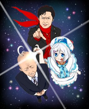 .live 1girl 2boys :p antenna_hair bald bandana bandana_around_neck black_eyes black_hair black_jacket black_pants black_suit blue_capelet blue_eyes blue_scarf capelet closed_mouth collared_shirt commentary_request cropped_torso dennou_shoujo_siro dress foreshortening formal_clothes from_above full_body furrowed_brow gariben_girl_v glint grey_hair grin hair_ornament hairclip half-closed_eyes hand_up hat highres jacket kotouge_eiji long_sleeves looking_ahead looking_at_viewer looking_up mizuki_ichirou_(singer) mole mole_on_cheek multiple_boys necktie nervous okunin open_mouth own_hands_together pants pointing pointing_at_viewer projected_inset real_life red_bandana sailor_hat scarf shirt short_hair short_sleeves smile space standing star_(sky) striped_necktie suit tongue tongue_out virtual_youtuber white_dress