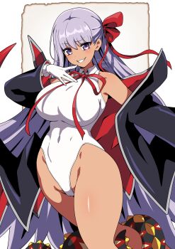 1girl absurdres bare_shoulders bat_wings bb_(fate) bb_(swimsuit_mooncancer)_(third_ascension)_(fate) black_coat blush breasts coat commentary_request covered_navel dark-skinned_female dark_skin fate/grand_order fate_(series) gloves grin hair_ribbon harurukan highleg highleg_leotard highres large_breasts leotard long_hair looking_at_viewer neck_ribbon off_shoulder open_clothes open_coat popped_collar purple_eyes purple_hair red_ribbon ribbon smile solo tan tentacles thighs very_long_hair white_gloves white_leotard wings