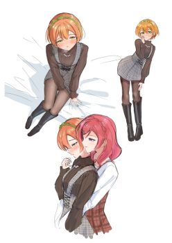 2girls behind_another between_legs black_boots blush boots brown_pantyhose brown_sweater commentary_request dress front-to-back green_eyes grey_dress hairband hand_between_legs hoshizora_rin implied_masturbation knee_boots long_sleeves love_live! love_live!_school_idol_project medium_hair multiple_girls multiple_views nishikino_maki orange_hair pantyhose plaid_clothes plaid_dress red_hair sa(bannane)k short_hair simple_background sitting standing sweater white_background yuri
