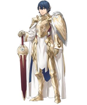 Rule 34 | 1boy, alfonse (fire emblem), alfonse (opening miracle) (fire emblem), arm shield, blue eyes, cape, fire emblem, fire emblem heroes, gold trim, gradient hair, highres, looking at viewer, multicolored hair, nintendo, non-web source, official alternate costume, official art, pelvic curtain, shield, solo, sword, tachi-e, weapon, white cape
