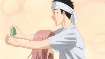 1boy 1girl 2022 20s animated animated_gif black_eyes black_hair blue_shirt blush breast_press breasts collarbone gojou_wakana hair_between_eyes headband inui_shinju large_breasts long_hair looking_ahead measuring open_mouth pink_eyes pink_hair shirt short_sleeves sitting solo sono_bisque_doll_wa_koi_wo_suru tagme tape_measure upper_body v-neck