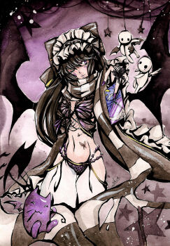 1girl alternate_costume bikini black_wings breasts brown_hair brown_scarf closed_mouth commentary_request cowboy_shot creature demon_wings detached_sleeves deviruchi fingernails gypsy_(ragnarok_online) hair_over_one_eye harem_pants highres long_hair navel one_eye_closed pants purple_background purple_bikini purple_eyes purple_nails ragnarok_online scarf see-through_clothes see-through_pants small_breasts smile solo spanish_commentary striped_clothes striped_scarf swimsuit white_pants white_scarf wings yunaxd