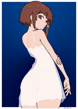 Rule 34 | 1girl, arched back, ass, asymmetrical hair, asymmetrical sidelocks, blue background, blunt bangs, brown eyes, brown hair, commentary, cowboy shot, dress, expressionless, from behind, gradient background, hair ornament, hand on own arm, hand on own elbow, iwakura lain, lingerie, long single sidelock, looking at viewer, looking back, negligee, nevtelen, nightgown, no panties, pixel art, see-through clothes, see-through dress, see-through nightgown, serial experiments lain, short dress, short hair, sidelocks, simple background, solo, spaghetti strap, twitter username, underwear, watermark, white dress, white negligee, white nightgown, x hair ornament