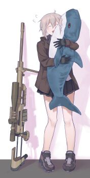 1girl absurdres black_gloves black_skirt bolt_action brown_hair brown_jacket brown_shoes cheytac_m200 closed_eyes commentary english_commentary full_body girls&#039;_frontline gloves gun highres holding holding_stuffed_toy hood hooded_jacket hugging_object ikea_shark jacket kto_znaet m200_(girls&#039;_frontline) open_clothes open_jacket open_mouth pleated_skirt rifle shirt shoes skirt smile sneakers sniper_rifle solo standing stuffed_animal stuffed_shark stuffed_toy weapon white_shirt