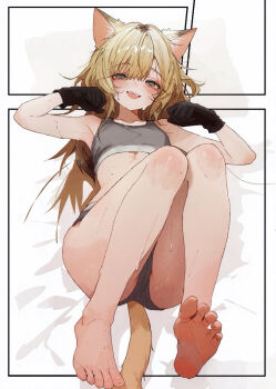 1girl :d animal_ears bare_shoulders barefoot black_gloves blonde_hair brown_hair cat_ears cat_girl cat_tail commentary feet full_body gloves gradient_hair green_eyes grey_panties grey_sports_bra highres kaiwan_(kaiwan_zhang) long_hair looking_at_viewer lying messy_hair multicolored_hair on_back open_mouth original panties paw_pose shorts smile sports_bra sweat symbol-only_commentary tail toes underwear