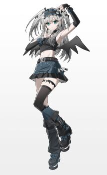 1girl absurdres bare_shoulders black_survival black_thighhighs blue_socks breasts commentary_request eternal_return:_black_survival green_eyes grey_hair highres katja_(black_survival) kneehighs korean_commentary looking_at_viewer simple_background single_thighhigh small_breasts socks solo thighhighs thighs white_background yeongpluma
