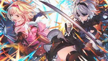2b_(nier:automata) 2girls black_dress black_gloves black_hairband black_thighhighs blindfold blonde_hair boots breasts brown_eyes cleavage clothing_cutout commentary_request covered_eyes crossover djeeta_(granblue_fantasy) dress feather-trimmed_sleeves fighting_stance gauntlets gloves granblue_fantasy granblue_fantasy_versus:_rising hairband highres holding holding_sword holding_weapon juliet_sleeves long_sleeves medium_breasts minaba_hideo mole mole_under_mouth multiple_girls nier:automata nier_(series) official_art open_mouth parted_lips pink_dress pink_hairband puffy_sleeves short_hair sword thighhighs thighhighs_under_boots virtuous_contract weapon white_hair