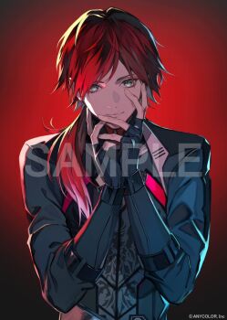 1boy album_cover black_gloves closed_mouth cover fingerless_gloves gloves gradient_background green_eyes hands_on_own_face lam_(ramdayo) lauren_iroas lauren_iroas_(1st_costume) light_smile long_hair long_sleeves looking_at_viewer male_focus nijisanji official_art ponytail radial_gradient_background red_background red_hair sample_watermark side_ponytail solo straight-on upper_body virtual_youtuber watermark