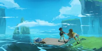 Rule 34 | 3others, antlers, art fight attack, backpack, bag, black hair, blue sky, borrowed character, capelet, caustics, cloud, cloudy sky, commentary, dark-skinned male, dark skin, english commentary, full body, gift art, grabbing another's arm, highres, holding, holding sword, holding weapon, horns, kneeling, mountain, mountainous horizon, multiple others, original, outdoors, planted, planted sword, planted weapon, raft, ripples, rock, scenery, short hair, sky, sword, toebeez, water, weapon