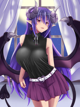 1girl bare_arms bare_shoulders belt black_shirt breasts commentary_request curled_horns curtains demon_girl demon_horns demon_tail demon_wings earrings hair_between_eyes heart heart_earrings highres horns jewelry large_breasts long_hair looking_at_viewer monster_girl_encyclopedia nail_polish night parted_lips pleated_skirt pointy_ears purple_hair red_eyes seductive_smile segmented_horns shirt skirt sleeveless sleeveless_shirt smile sogegin solo succubus_(monster_girl_encyclopedia) tail very_long_hair window wings