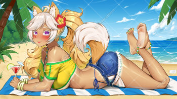 1girl animal_ear_fluff animal_ears anklet barefoot beach beach_towel blush bracelet brazilian_flag brazilian_flag_print brazilian_miku brazilian_miku_(cosplay) breasts brown_hair cat_ears cat_girl cat_tail closed_mouth cocktail_glass commission cosplay cup denim denim_shorts drinking_glass eyebrows_hidden_by_hair feet_up flag_print flower from_side full_body hair_flower hair_ornament haruse_(kichiroharuse) hatsune_miku highres jewelry large_breasts lipstick long_hair looking_at_viewer lying makeup nail_polish ocean on_stomach original ponytail purple_eyes shirt short_shorts shorts smile soles solo tail tan tanline thick_eyelashes toenail_polish toenails toes towel very_long_hair watermark yellow_shirt