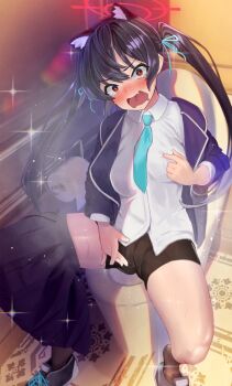 1girl animal_ear_fluff animal_ears bike_shorts black_hair black_shorts blazer blue_archive blush breasts cat_ears commentary_request dress_shirt female_ejaculation female_masturbation female_orgasm halo hand_on_own_chest highres jacket large_breasts long_hair masturbation miniskirt necktie nipples noperori open_clothes open_jacket open_mouth orgasm pussy_juice red_eyes school_uniform serika_(blue_archive) shirt shoes shorts skirt socks solo thighs toilet toilet_paper twintails